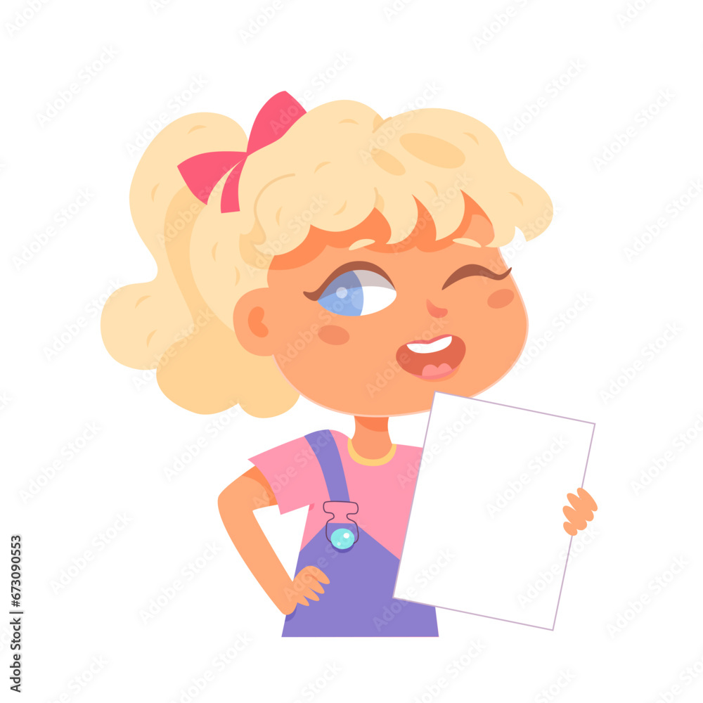 Cute girl shows empty paper sheet while creating drawings at school or home. Young child painter. Children art. Learning, education, playing concept. Cartoon funny vector illustration Cute girl shows empty paper sheet while creating drawings at school or home. Young child painter. Children art. Learning, education, playing concept. Cartoon funny vector illustration