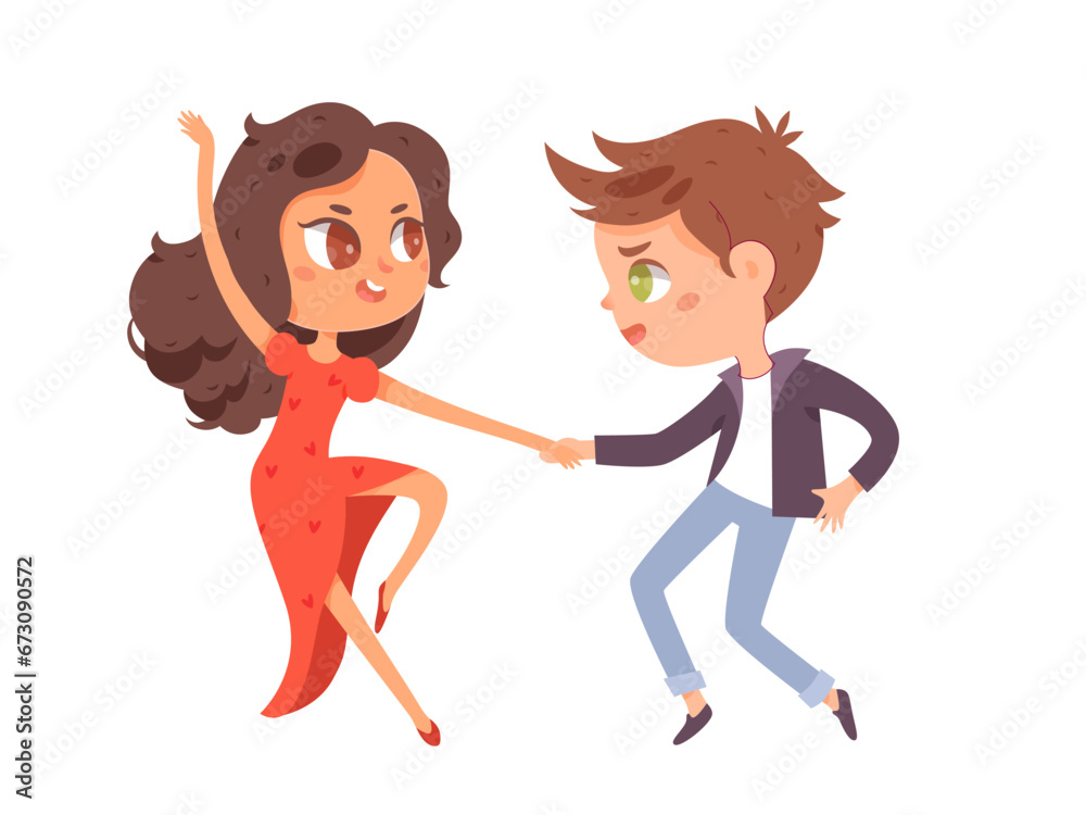 Children dance. Happy boy and girl dancing together disco. Little music fans. Cute colorful cartoon kids vector illustration isolated on white background. Happiness, gladness and fun Children dance. Happy boy and girl dancing together disco. Little music fans. Cute colorful cartoon kids vector illustration isolated on white background. Happiness, gladness and fun