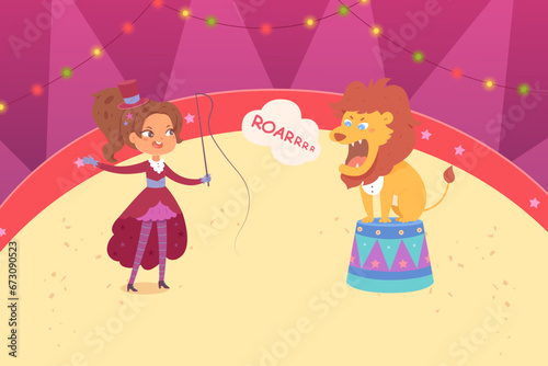 Circus performance with lion and trainer vector illustration. Cartoon isolated angry lion sitting on arena podium and roaring, cute tamer girl in vintage dress holding whip to train circus animal