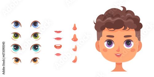 Boy face constructor vector illustration. Cartoon isolated portrait of male character with curly brown hair and kit for face construction game with different eyes, noses, open and closed mouth