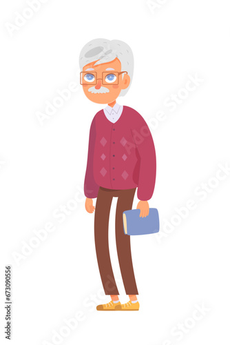 Senior gray haired man with moustache and glasses vector illustration. Cartoon smiling elderly gentleman with book. Grandfather. Happy old age. 3D flat design for social media and web