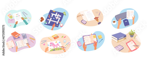 Work and hobby activity of people at table set,top view of desks with stationary and hand