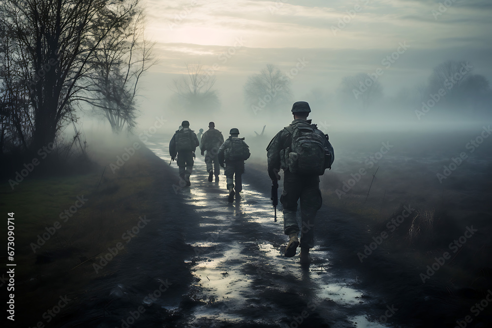 A group of soldiers walks along a dirt road with puddles in a large field in cloudy foggy weather A group of soldiers walks along a dirt road with puddles in a large field in cloudy foggy weather