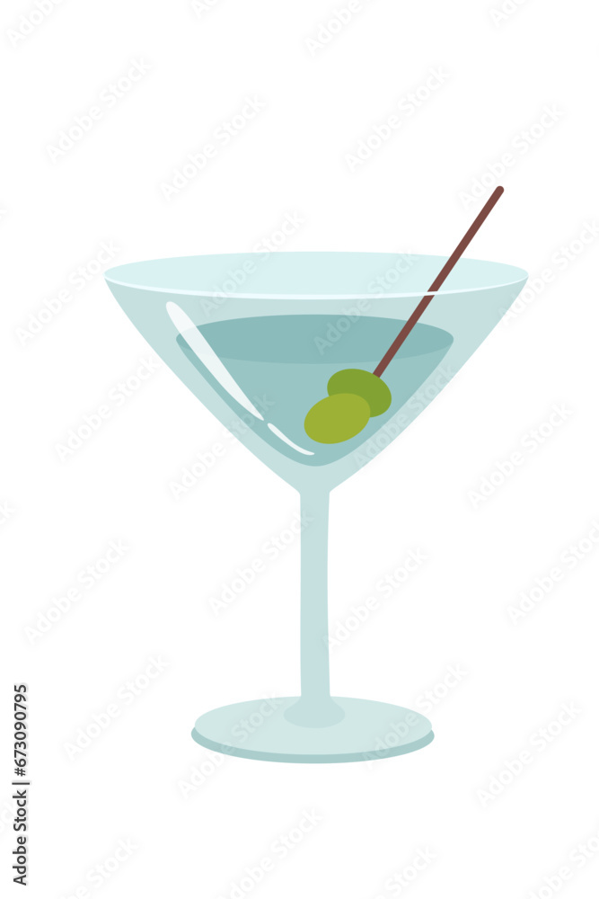 Glass of martini cocktail with olive cartoon vector illustration. Summer alcohol classic woman drink isolated on white background. Celebration with toasts and cheering. Party time. Beverage menu