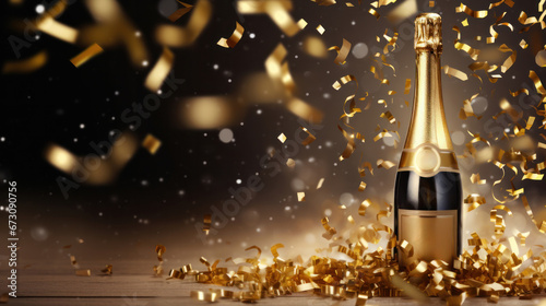 Golden Gala: Festive Background with Champagne, Star Confetti, and Streamers for Celebrations.