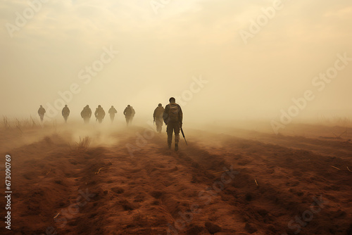 A group of soldiers walks along a dirt road with puddles in a large field in cloudy foggy weather photo