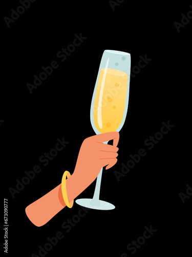 Woman hand with glass of alcohol cocktail or drink vector illustration isolated on black background. Female holds goblet with champagne. People celebrating with toasts and cheering. Party time