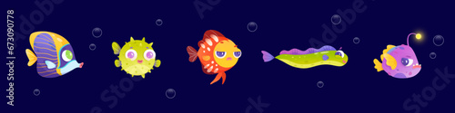 Underwater tropical fish characters set, cute marine animals and various small creatures