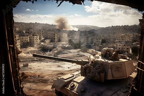 An armored tank drives through a destroyed city. Military conflict
