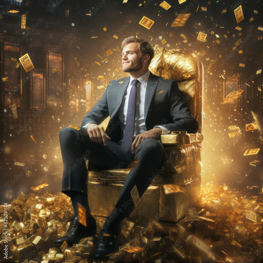 Successful wealthy man millionaire sitting on a pile of gold cash lottery winner Successful wealthy man millionaire sitting on a pile of gold cash lottery winner