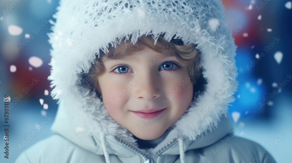Snowy Delight: Cheerful Child in Warm Winter Gear Amidst Gently Falling Snowflakes. Snowy Delight: Cheerful Child in Warm Winter Gear Amidst Gently Falling Snowflakes.