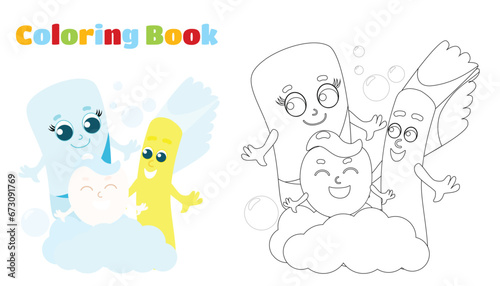 Coloring page. Little baby tooth and toothpaste and brush stand together and smile happily. Bubbles are flying around. Everyone is very happy. Care and health of children's teeth.