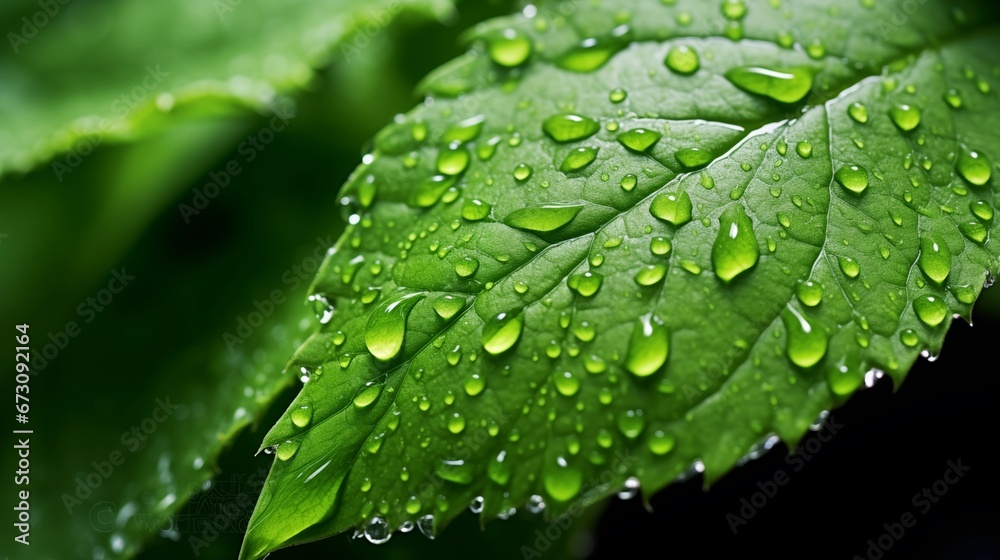 A close-up of water droplets on a vibrant green leaf after a refreshing rain A close-up of water droplets on a vibrant green leaf after a refreshing rain
