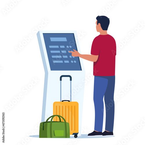 Man self check in at automatic machine in airport terminal. Buying ticket using interactive terminal. Vector illustration.