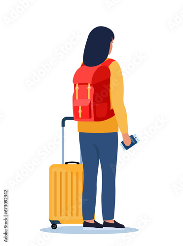 Woman with wheeled suitcase and backpack stand with passport and ticket in her hand. Passenger in airport stands with back half turned. Travel concept. Vector illustration.