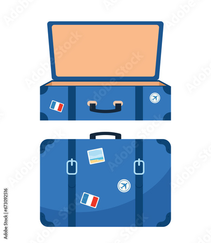 Retro leather suitcase with metal corners, belts and handle. Suitcase, open and closed. Vacation and travel concept. Vintage bag. Front view. Vector illustration.