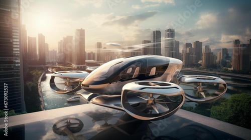 AI generated illustration of a futuristic helicopter flying above a modern cityscape