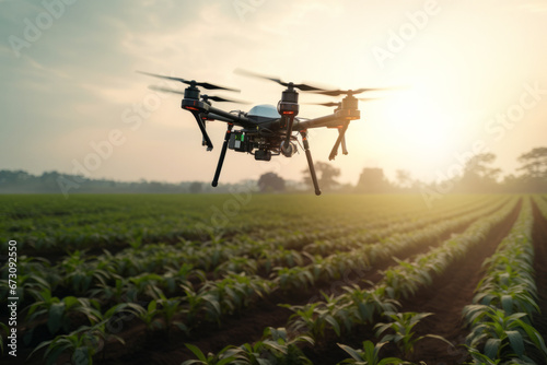 Drone used in agriculture, theme of technology and innovation used in agriculture to spray plants.generative ai photo