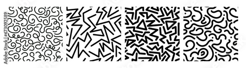 Black confetti squiggle pattern set. Seamless pattern with squiggle elements. Trendy geometric pattern 