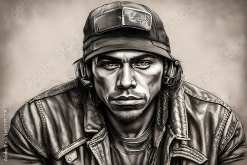 A pencil sketch style drawing of a young man motorcycle  gang member