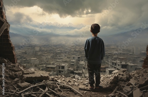 Homeless boy watches bombarded city destroyed