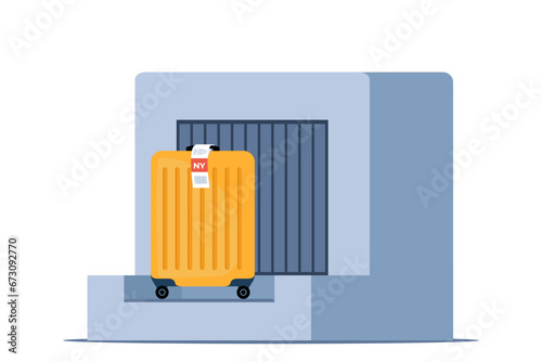 Baggage check-in. Suitcase with label on weighting luggage belt. Security check point, metal detector, x-ray scanner. Vector illustration.