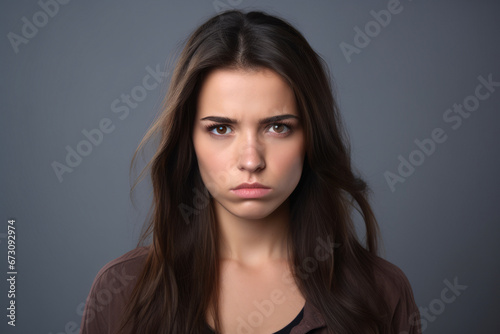 Portrait of a dissatisfied or desperate young woman isolated on gray background.generative ai 