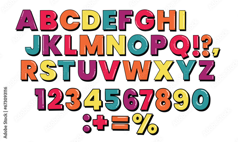 Vector font and alphabet. display kids font, Abc, english letters and numbers.