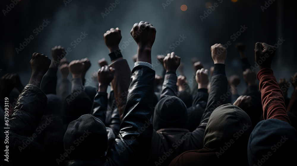 Raised fist of an activist in a crowd of protesting people. Generative AI - obrazy, fototapety, plakaty 
