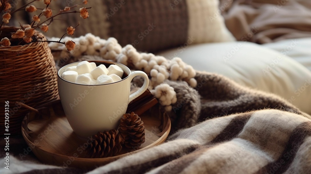 AI generated illustration of a mug with a fluffy topping on a tray in front of a striped blanket AI generated illustration of a mug with a fluffy topping on a tray in front of a striped blanket