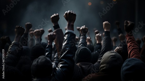 Raised fist of an activist in a crowd of protesting people. Generative AI