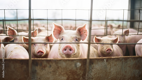 Pigs in a pen on an organic livestock farm. Generative AI