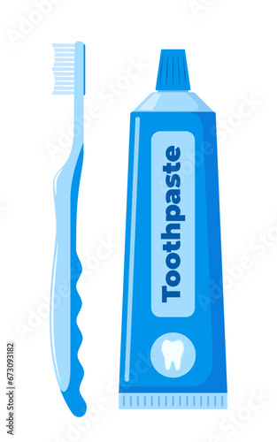 Toothpaste and toothbrush. Teeth brushing, hygiene and dental health concept. Vector illustration.