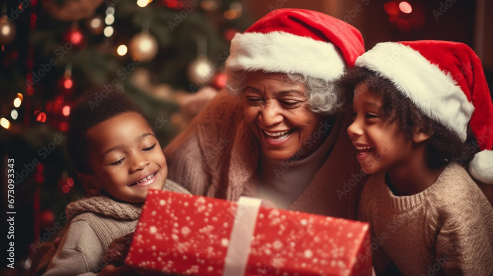 copy space, stockphoto, afro american grandmother with grandchildren celebrating christmas, opening presents. Portrait of a happy grandmother with her grandchildren during Christmas time. Togetherness