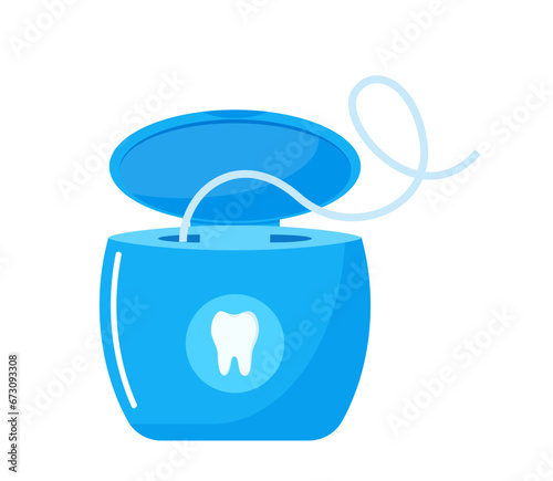 Dental floss, medical and dentistry healthcare. Thread of floss silk to clean between the teeth after eating. Vector illustration.