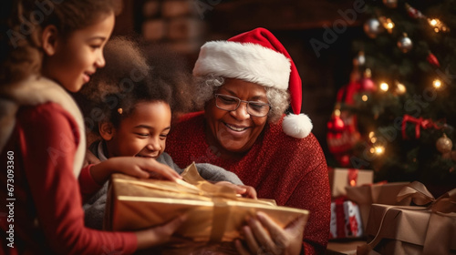 copy space, stockphoto, afro american grandmother with grandchildren celebrating christmas, opening presents. Portrait of a happy grandmother with her grandchildren during Christmas time. Togetherness © Dirk