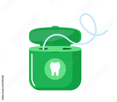 Dental floss, medical and dentistry healthcare. Thread of floss silk to clean between the teeth after eating. Vector illustration.
