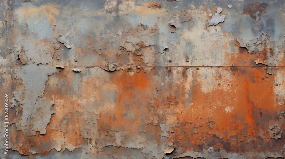 A weathered, rusted metal surface with peeling rust and corrosion