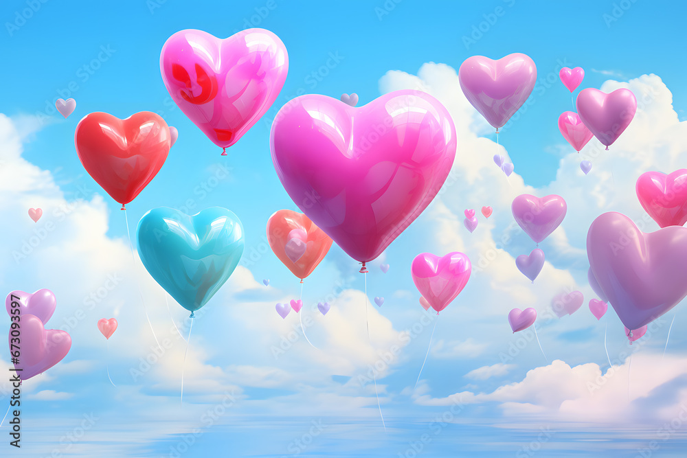 Pink heart shape balloons isolated on blue sky background