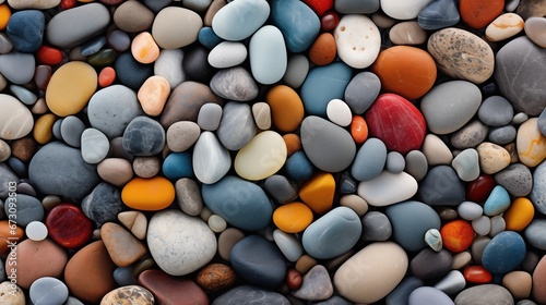 Rough, textured pebble beach with smooth and colorful stones and shells
