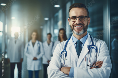 Smiling doctor or surgeon with hospital team in the background wearing white attire and with stethoscope around his neck looking straight at the camera.Health and medicine theme.generative ai
 photo