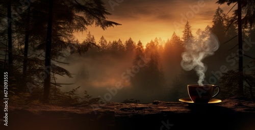 AI generated illustration of a ceramic cup of steaming hot coffee in a forest at sunset