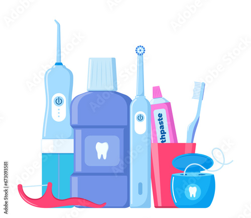 Dental cleaning tools. Oral care and hygiene products. Toothbrush, toothpaste, mouthwash, floss toothpick, dental floss, dental irrigator. Brushing teeth. Vector illustration.
