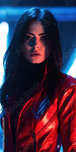 Intense woman in vibrant red, illuminated by blue neon. A gaze that captivates amidst the glow.