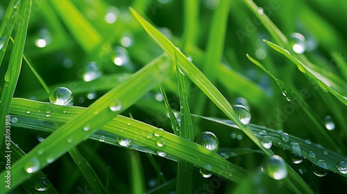 Glossy and reflective dewdrops on vibrant green grass