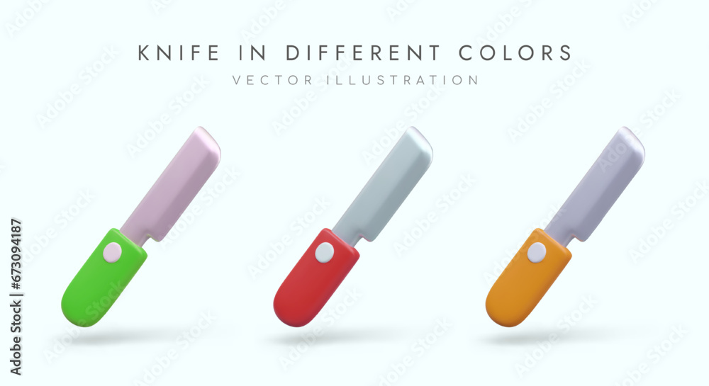 Kitchen knifes with green, red and orange handle, butcher meat knives or butcher shop. Poster with element for cutting food, blue background and place for text. Vector illustration in 3d style Kitchen knifes with green, red and orange handle, butcher meat knives or butcher shop. Poster with element for cutting food, blue background and place for text. Vector illustration in 3d style