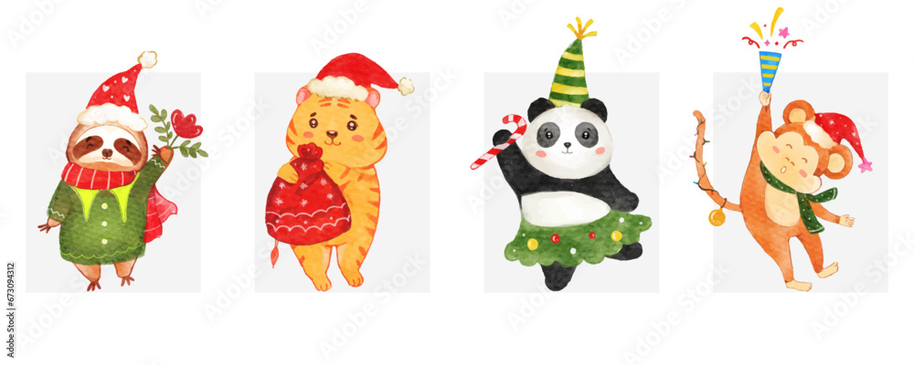 Watercolor Christmas cute panda, monkey, tiger and sloth cartoon character design collection with different on white background. Vector illustration