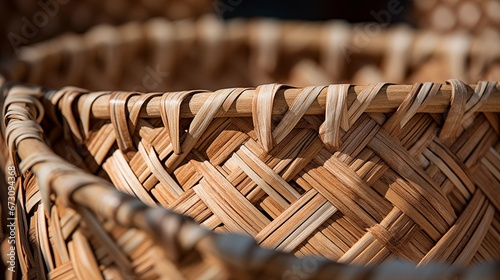 A close-up of woven straw basket with intricate natural patterns photo