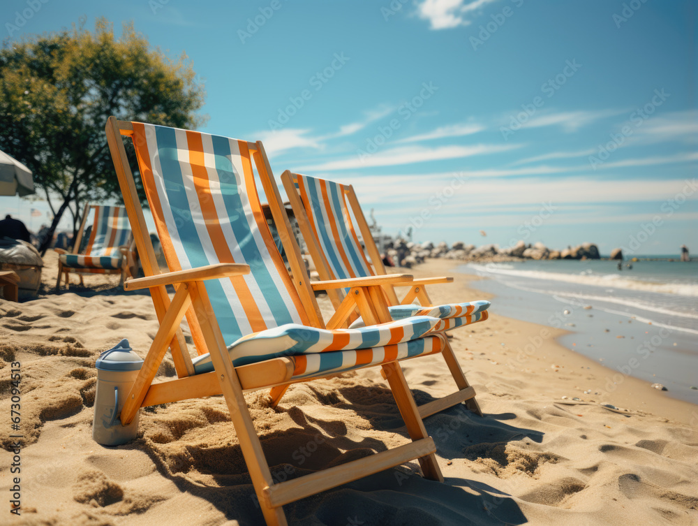 Beach relaxation: a deck chair, capturing the essence of summer and vacation.