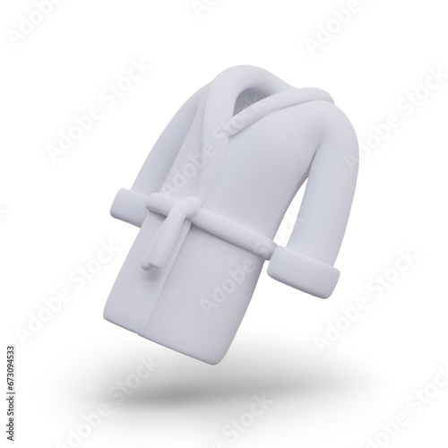 White bathrobe with belt in cartoon style. Clothes for bathroom, spa, swimming pool. 3D illustration, place for hotel, sanatorium, resort logo. Mockup. Vector object in tilted position with shadow